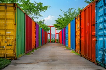 Fototapeta premium Colorful and vibrant outdoor shipping container corridor with stacked freight and bright colors. Showcasing the logistics and supply chain industry in a commercial intermodal global trade concept