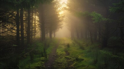 Obraz premium A foggy morning in a forest in Northern Ireland creates a mystical and ethereal atmosphere. 