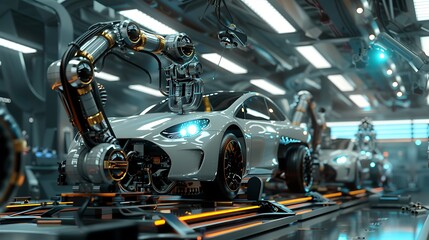 Fototapeta premium Robotic Arm Assembling Electric Car in Futuristic Factory: Automation in Automotive Manufacturing
