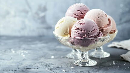 Mixed flavour ice cream in a nick and nora glass gray and silver background