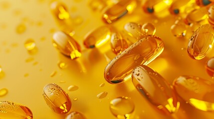 Omega-3 fish oil capsules close-up, isolated on a yellow background, studio lighting, professional and raw for ads