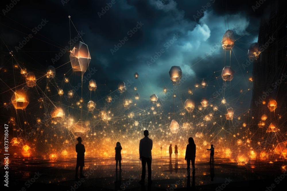 Poster a woman looking at a display of lights, group of people connected by digital threads, representing t