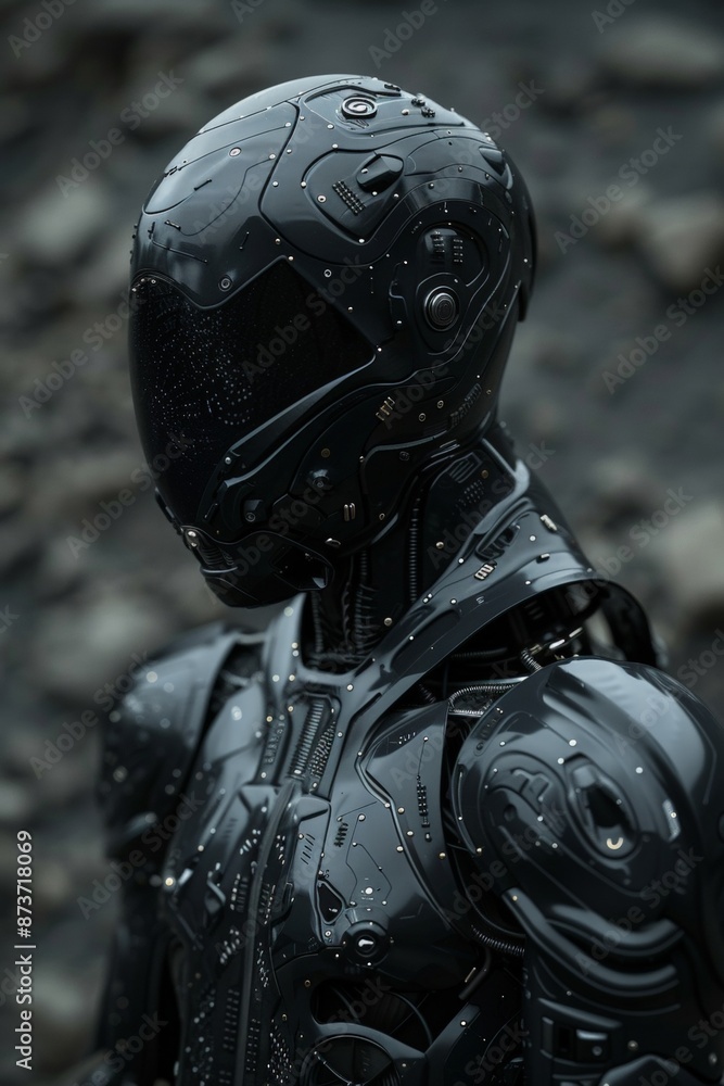 Poster in a surreal twist, an android hacker emerges, clad in sleek black circuit board armor that glimmers