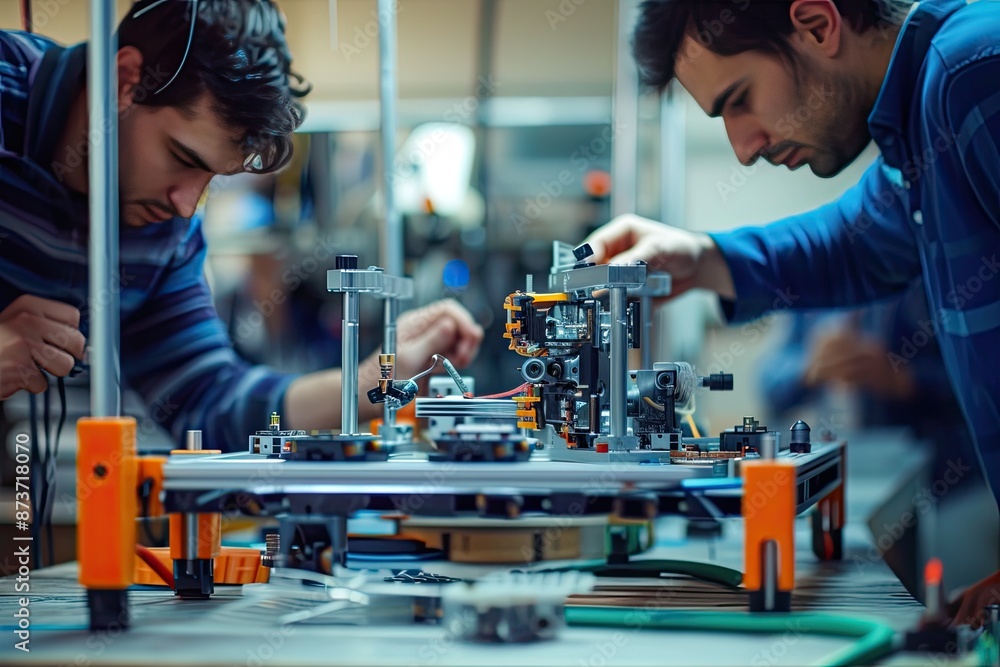 Poster a group of people working on electronics in a factory, Team assembling a complex product