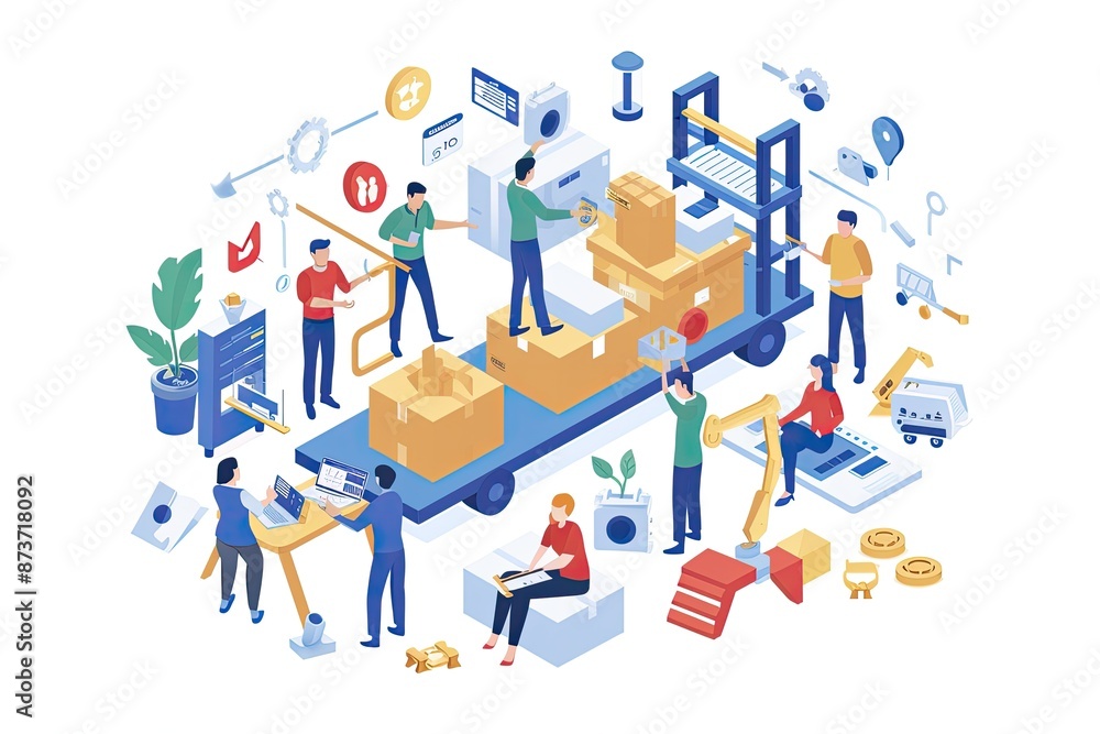 Poster a group of people working on electronics in a factory, Team assembling a complex product