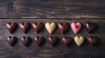 Heart-shaped chocolates arranged neatly in a row on a dark wooden table create an enticing display, combining the indulgence of chocolate with a touch of romantic symbolism. 