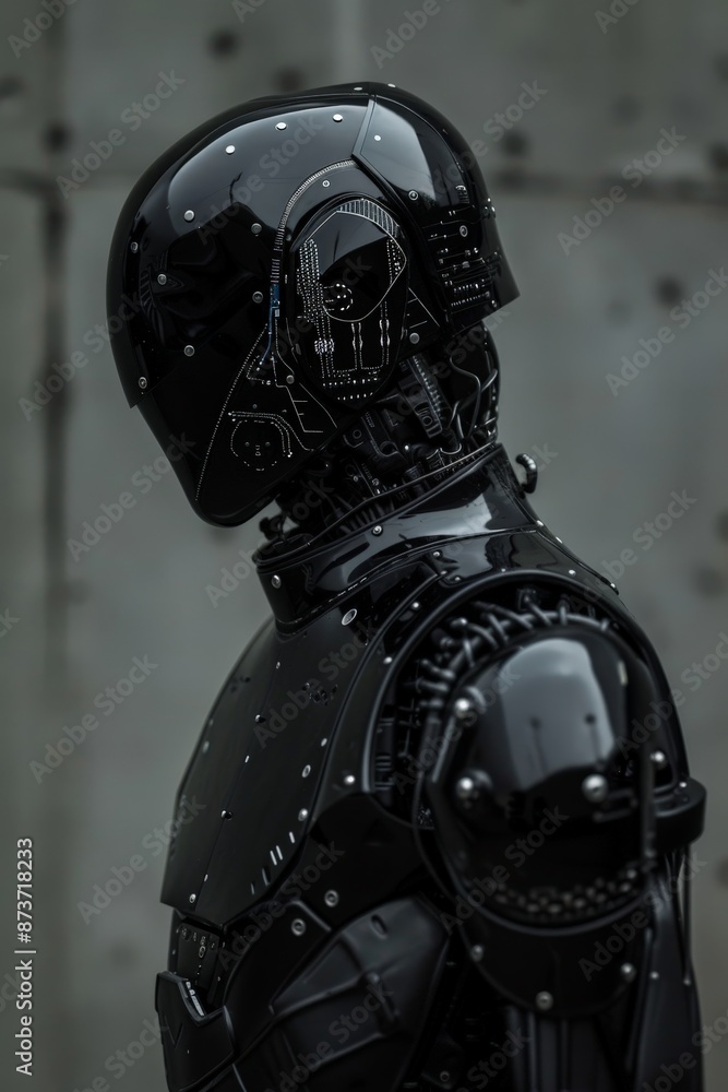 Aufkleber in a surreal twist, an android hacker emerges, clad in sleek black circuit board armor that glimmers