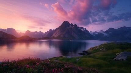 The landscape of the Lofoten Islands in Norway during summer at sunset is truly breathtaking.