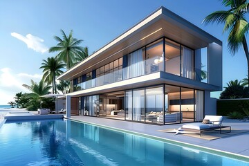 Fototapeta premium modern two story beach house with pool, 3d render, blue water, interior design, large windows and sliding doors, modern architecture, tropical setting, palm trees in background