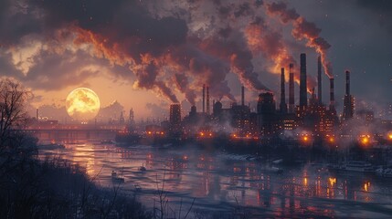 Naklejka premium Factory Against the Night Sky: Towering Structures and Smoking Chimneys