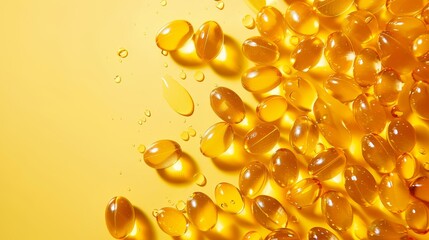 Professional advertisement of dietary supplements, top view of Omega-3 and Vitamin D3 capsules on yellow background, isolated with studio lighting