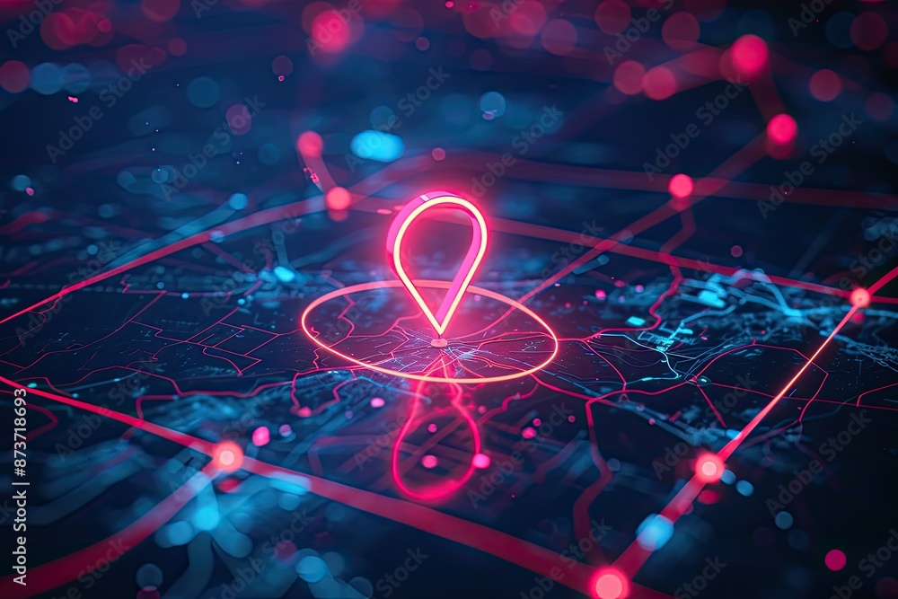 Poster a red pin on a map with a blue background, figure surrounded by a web of connections