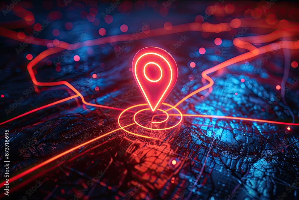 Poster a red pin on a map with a blue background, figure surrounded by a web of connections