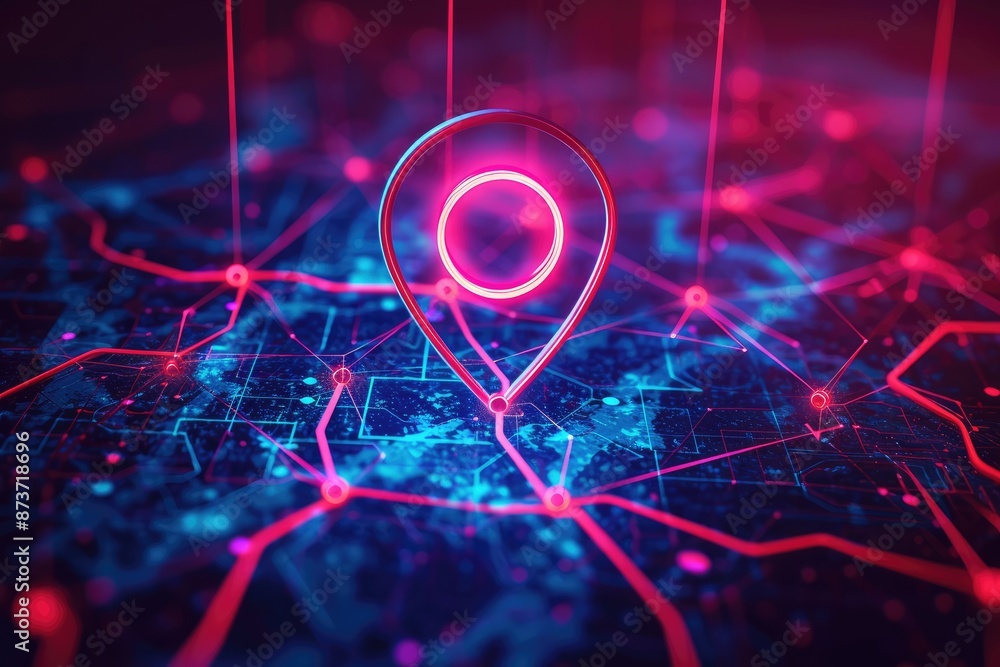 Poster a red pin on a map with a blue background, figure surrounded by a web of connections
