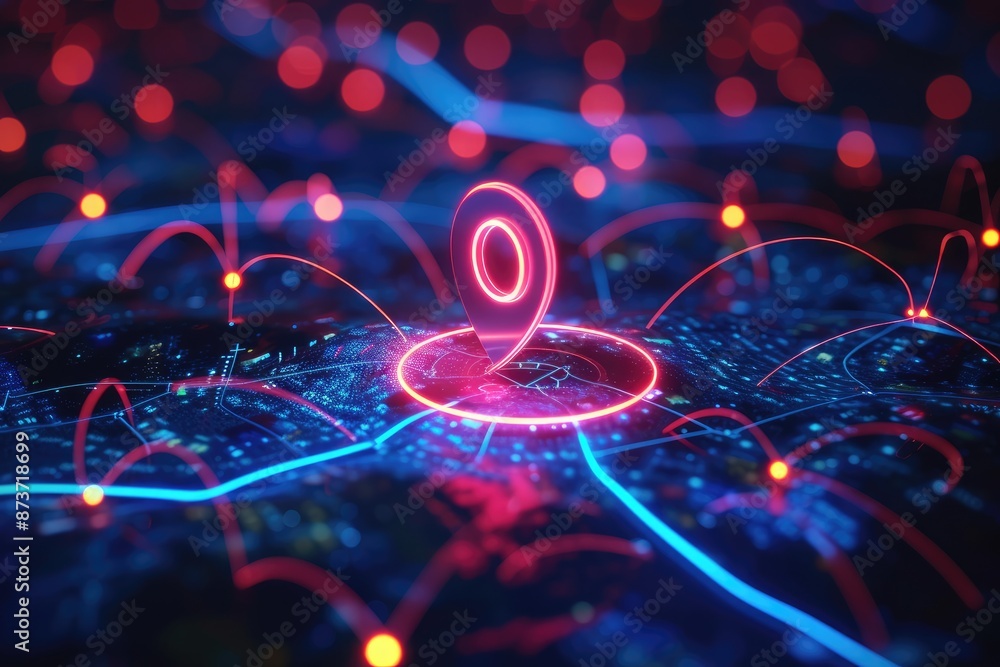 Poster a red pin on a map with a blue background, figure surrounded by a web of connections