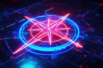 a pink and blue compass on a black background, Abstract digital composition with flowing lines