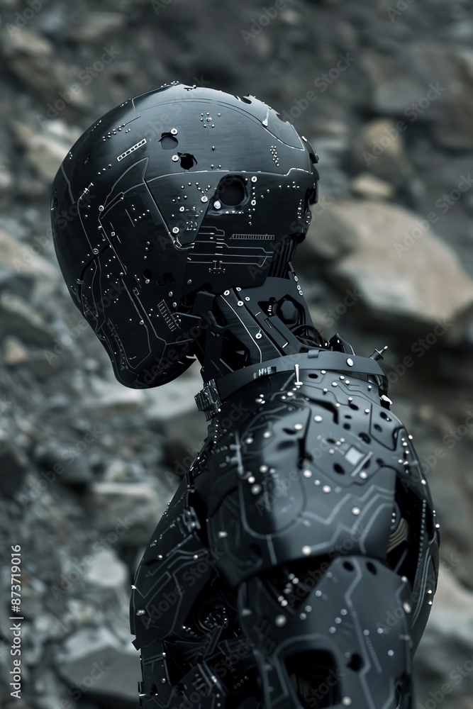 Poster in a surreal twist, an android hacker emerges, clad in sleek black circuit board armor that glimmers