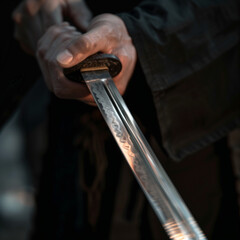 Close-up of hand practicing swordsmanship, blade catching light, illustrating mastery and precision in sword techniques