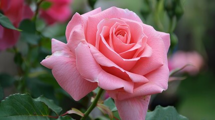 A pink rose in full bloom, showcasing its delicate petals and vibrant color, evoking feelings of beauty, romance, and grace. 