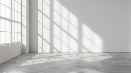 Empty white spacious room or bright studio with sunlight and shadows of window