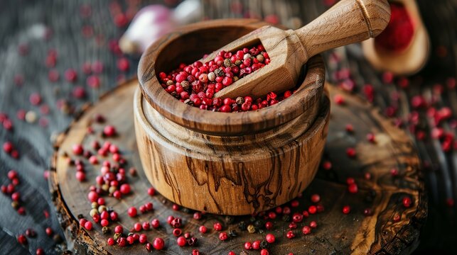 Pink pepper, placed in a wooden mortar, ready for grinding or seasoning.