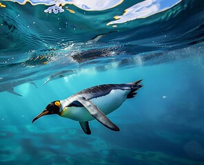 Underwater diving emperor penguin enjoying the sea