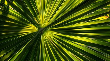 Fototapeta premium A radiant pattern of a green palm leaf, showcasing its natural symmetry and vibrant coloration, creating an aesthetic and tropical visual appeal.