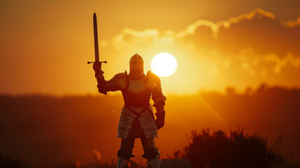 Obraz premium Triumph of a knight in shining armor holding sword high, silhouette against setting sun, representing victory and honor