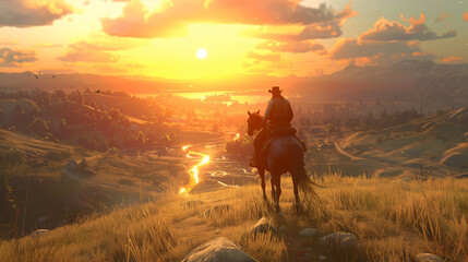 Officer on horseback patrolling a vast rural landscape during a serene sunset