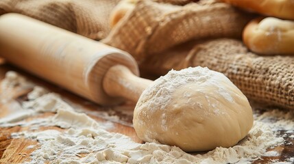 Fototapeta premium A rolling pin and dough, depicting the process of preparing pastry or bread dough for baking. 