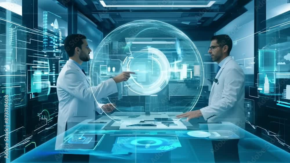 Poster two scientists working with holographic technology in modern lab