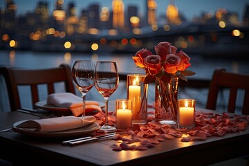 a table with candles and flowers on it, Collaborating to create a romantic dinner spread complete with candles and flowers