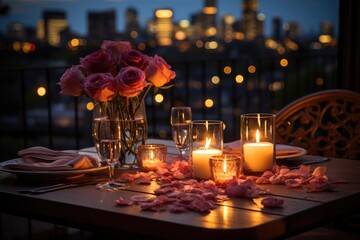 a table with candles and flowers on it, Collaborating to create a romantic dinner spread complete with candles and flowers