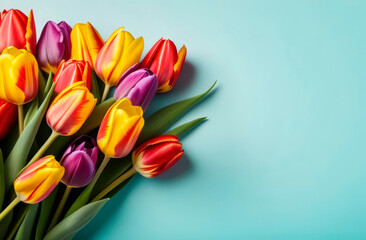 Fototapeta premium multicolored tulips flowers on blue background. Waiting for spring. Happy card with copy space. Flat lay, top view