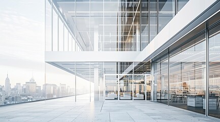 Obraz premium Modern Office Building with Glass Windows Overlooking City Skyline, Featuring Contemporary Architecture and Urban Landscape. Clear Sky and Detailed Skyscrapers in the Distance.