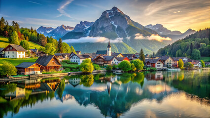 Fototapeta premium Serene lakeside village surrounded by lush greenery and majestic mountain range in the background, creating a breathtaking and idyllic morning atmosphere.