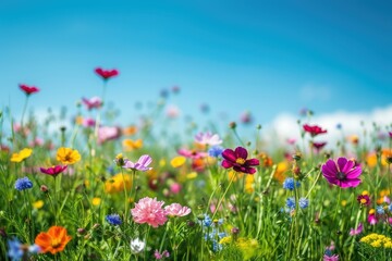 a field of flowers with a blue sky in the background, vibrant field of blooming flowers under a clear blue sky