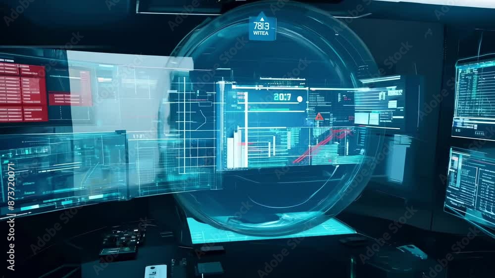Poster futuristic computer workstation with holographic display and data visualization