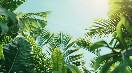 Fototapeta premium Tropical green jungle plants and lush leaves set against a clear blue sky on a summer day, creating a vibrant and refreshing natural backdrop. 