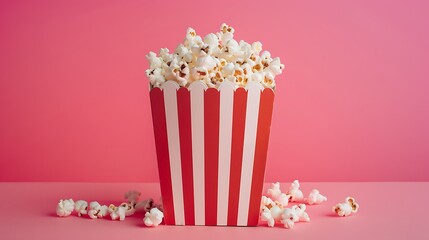 Popcorn in the red and white box on magenta background