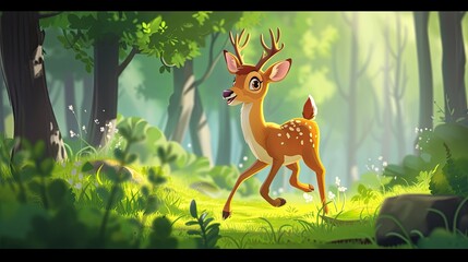 a cartoon deer running through the woods, Cartoon deer frolicking in the forest