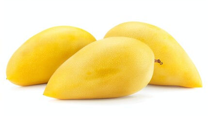 A ripe yellow mango isolated on a white background, showcasing its vibrant color and smooth texture, with a clipping path and full depth of field to emphasize its fresh, juicy appearance.