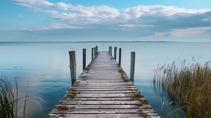 Fototapeta premium A wooden pier extending into the waters at Vorupør in National Park Thy, Thisted, North Sea, North Jutland, Denmark.