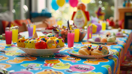 Fototapeta premium Cheerful children's birthday party table covered with a lively cartoon character tablecloth, filled with whimsy and ready for festive celebration
