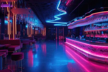 a bar with a blue light and a bar with a bar stool, stylish nightclub interior with dynamic lighting effects