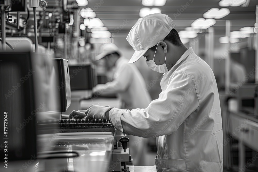 Poster a woman in a factory working on a machine, factory worker checking product quality