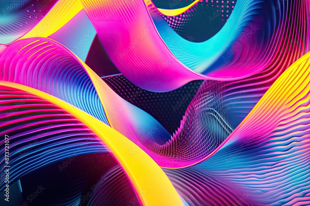 Poster a computer screen with a colorful background, flowing geometric shapes in vibrant neon colors