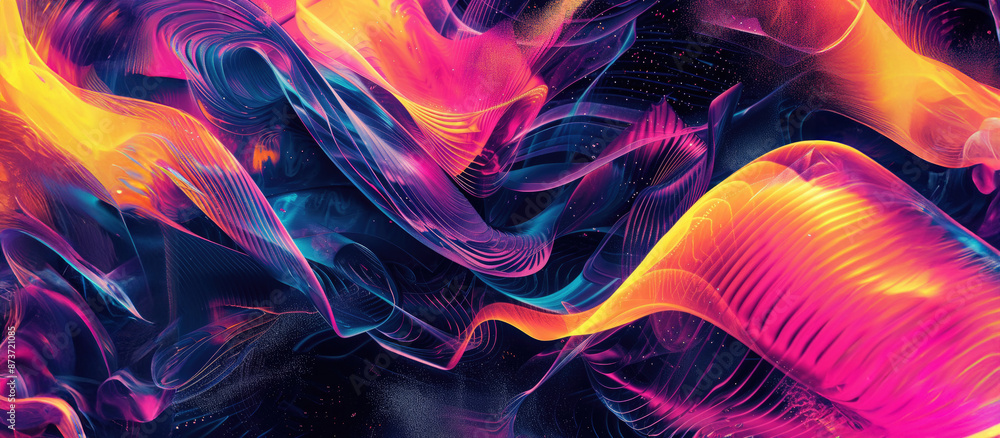 Poster a computer screen with a colorful background, flowing geometric shapes in vibrant neon colors
