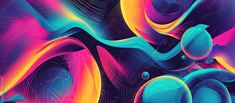 Poster a computer screen with a colorful background, flowing geometric shapes in vibrant neon colors