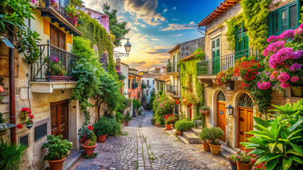 Fototapeta premium Vibrant cityscape captures warm summer atmosphere, with ancient architecture, paved streets, and lush greenery, perfect for a young tourist's exciting summer exploration adventure.